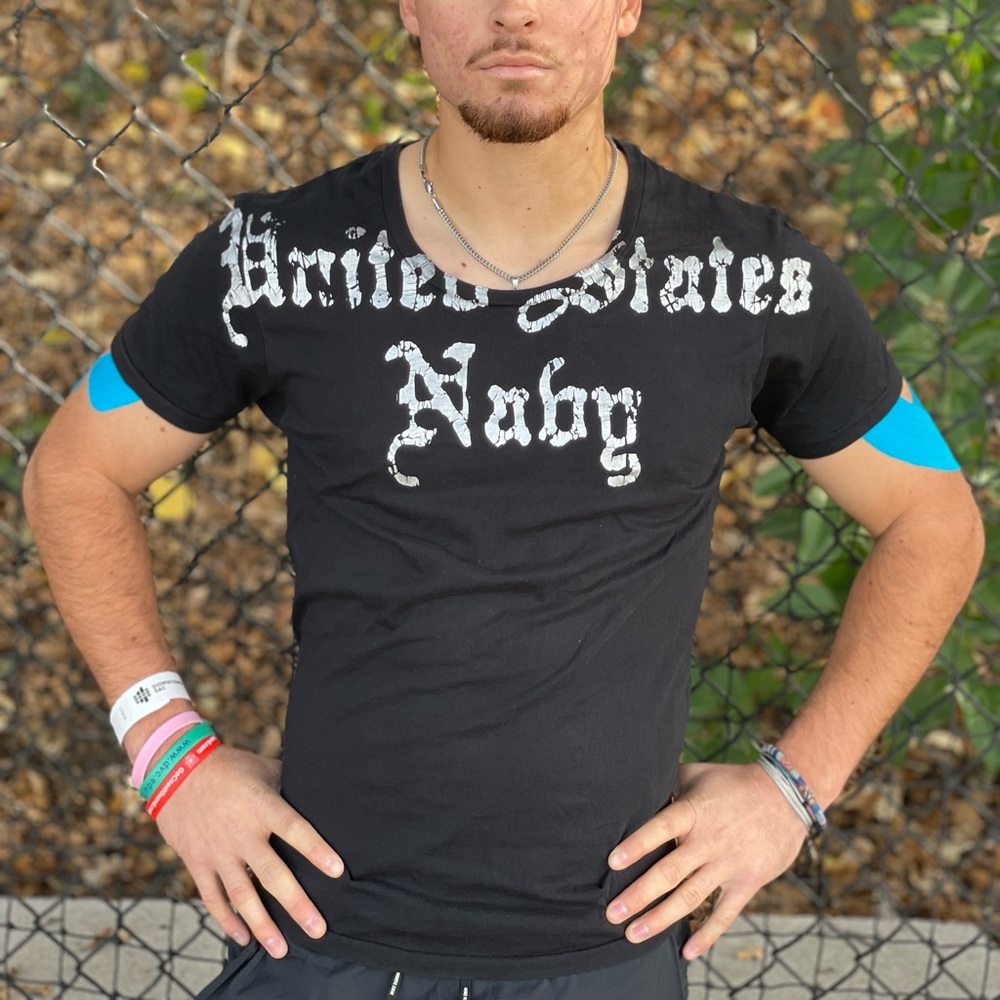 5cm UNITED STATES BABY AMERICAN MEN T SHIRT BLACK SILVER FOIL METALLIC ROCK POP